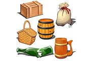Box, barrel, sack, basket, broken bottle and mug