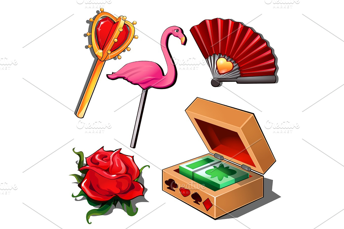 Paying cards, lady fan, rose, flamingo and scepter in Objects - product preview 8