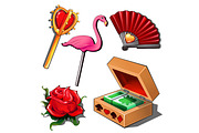 Paying cards, lady fan, rose, flamingo and scepter