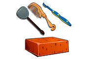 Toothbrush, hair brush, fly swatter and brick