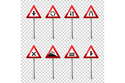 Road signs collection isolated on transparent background. Road traffic control.Lane usage.Stop and yield. Regulatory signs.