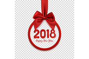 Happy New Year 2018 round banner with red ribbon and bow.