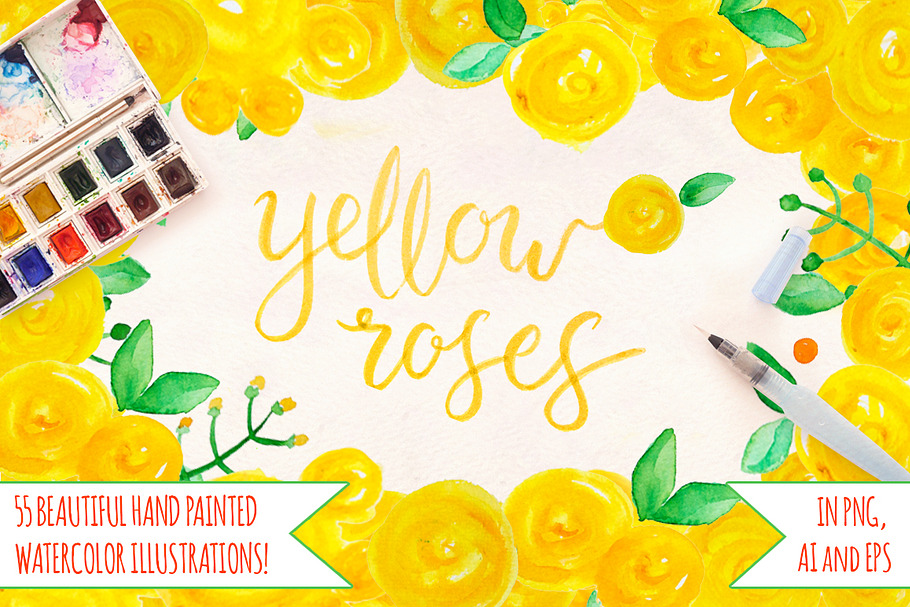 55 Yellow Roses, Leaves and Spots in Illustrations - product preview 8