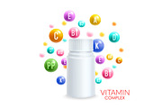 Vitamin complex pills vector 3D plastic bottle