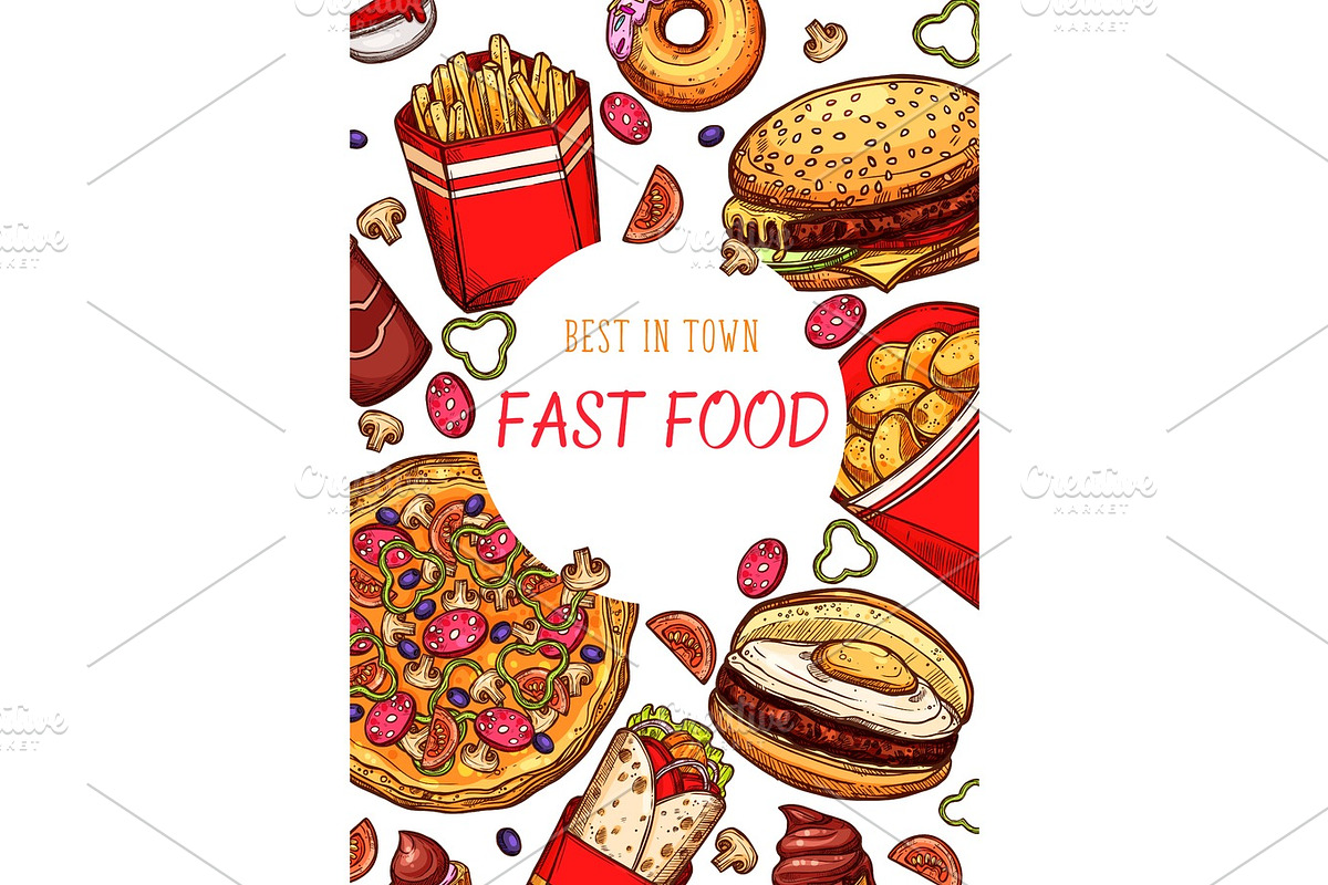 Fast food restaurant vector fastfood sketch poster in Illustrations - product preview 8