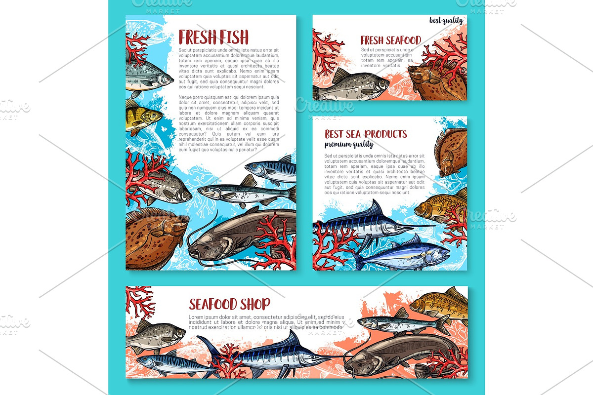 Vector fishes sketch poster for seafood market in Illustrations - product preview 8