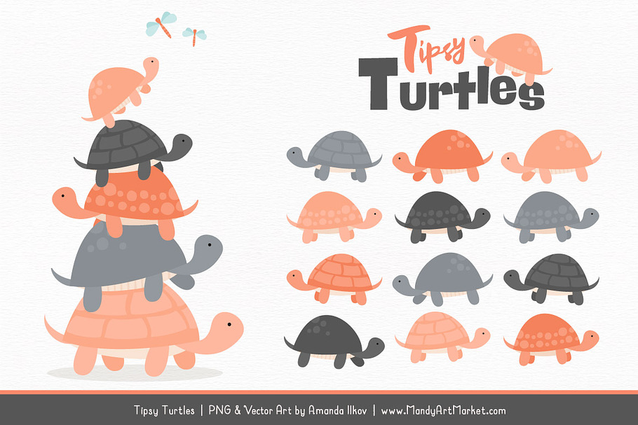 Peach & Pewter Turtle Stack Clipart in Illustrations - product preview 8