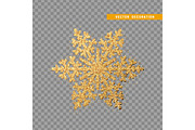 Christmas decoration, golden snowflake covered bright glitter, on transparent background.
