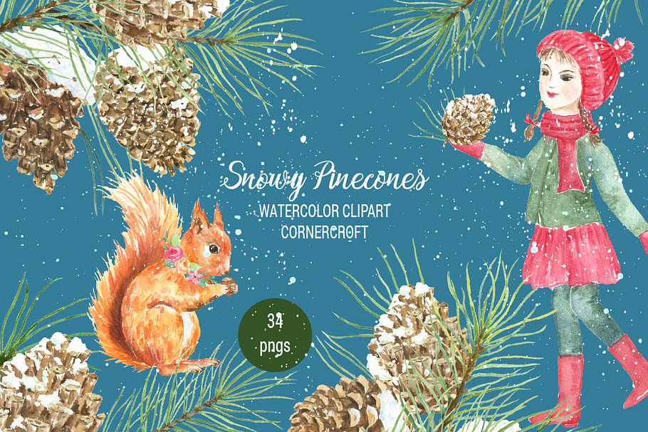 Snowy Pine Cones Watercolor Clipart in Illustrations - product preview 8
