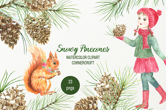 Snowy Pine Cones Watercolor Clipart in Illustrations - product preview 1