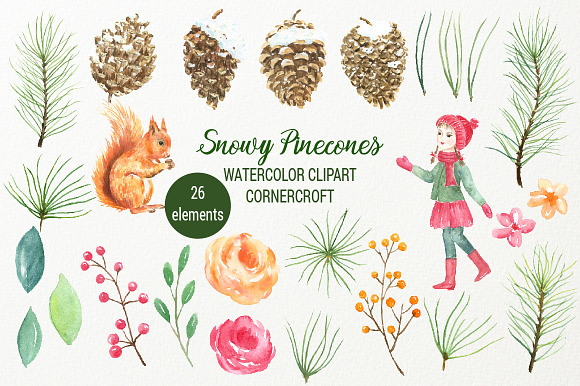 Snowy Pine Cones Watercolor Clipart in Illustrations - product preview 2