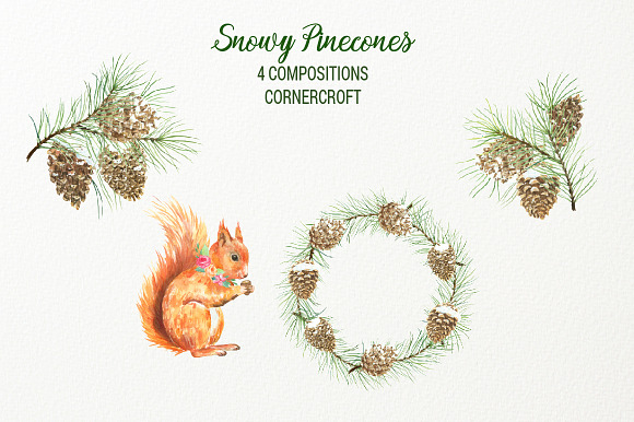Snowy Pine Cones Watercolor Clipart in Illustrations - product preview 3
