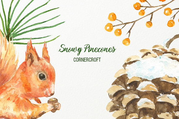 Snowy Pine Cones Watercolor Clipart in Illustrations - product preview 6