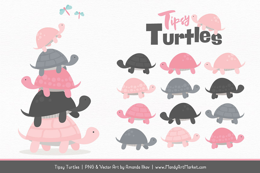 Soft Pink & Pewter Turtle Clipart in Illustrations - product preview 8