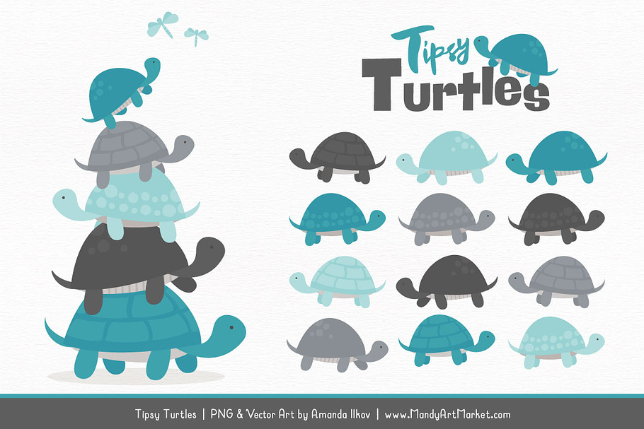 Vintage Blue & Pewter Turtle Clipart in Illustrations - product preview 8
