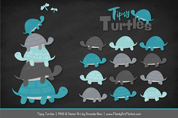 Vintage Blue & Pewter Turtle Clipart in Illustrations - product preview 1