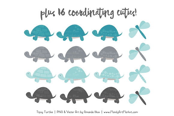 Vintage Blue & Pewter Turtle Clipart in Illustrations - product preview 3