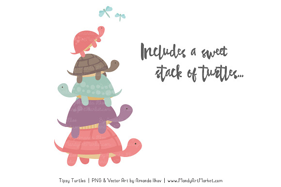 Vintage Girl Turtle Stack Clipart in Illustrations - product preview 2