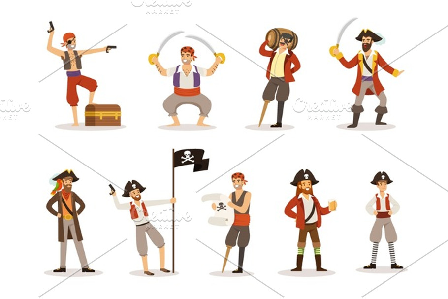 Pirate Sailors With Classic Filibusterer Attributes Set Of Smiling Male Characters With Guns And Sabers.