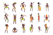 African Tribe Members, Warriors And Civilians In Leaf Loincloths Set Of Smiling Cartoon Characters