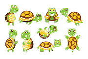 Cartoon funny turtle, set for label design. olorful character vector Illustration