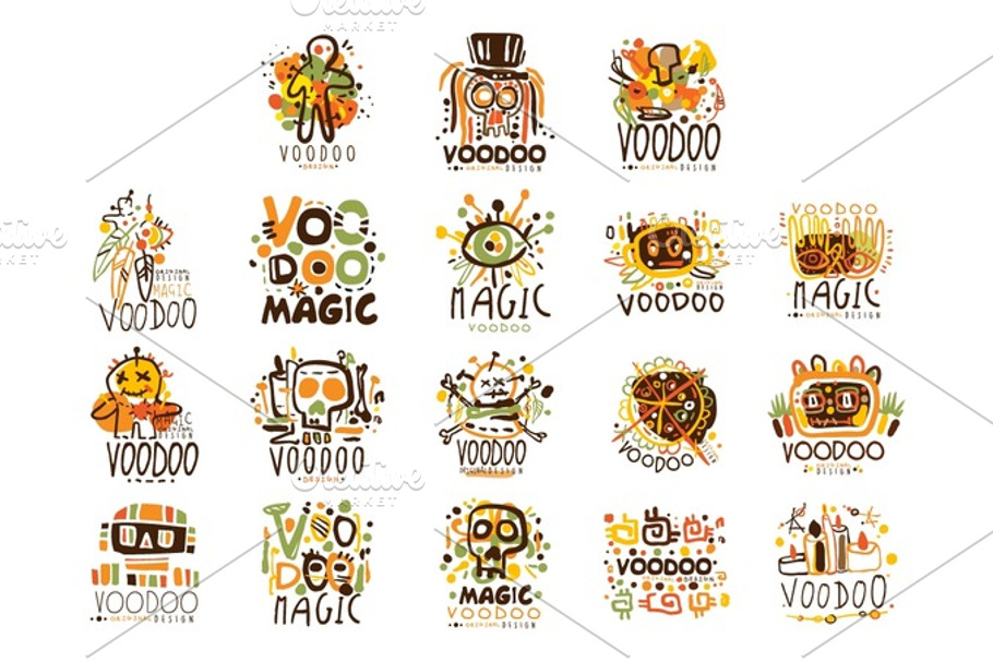 Voodoo African and American magic set for label design. Spiritual, magical, cultural vector Illustrations