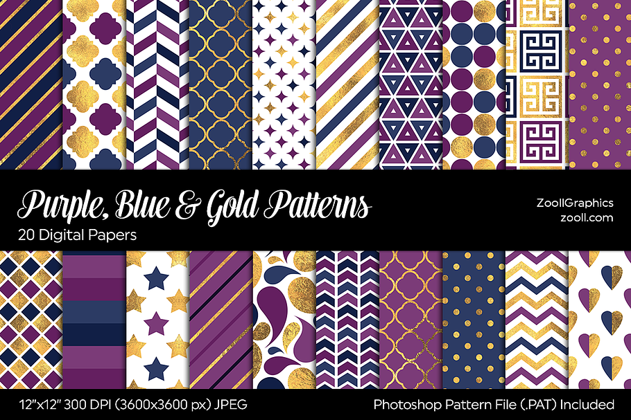Purple, Blue & Gold Digital Papers in Patterns - product preview 8