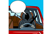 Grim reaper drive car pop art vector illustration