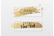 Merry Christmas and Happy New Year greeting card with gold glitter.