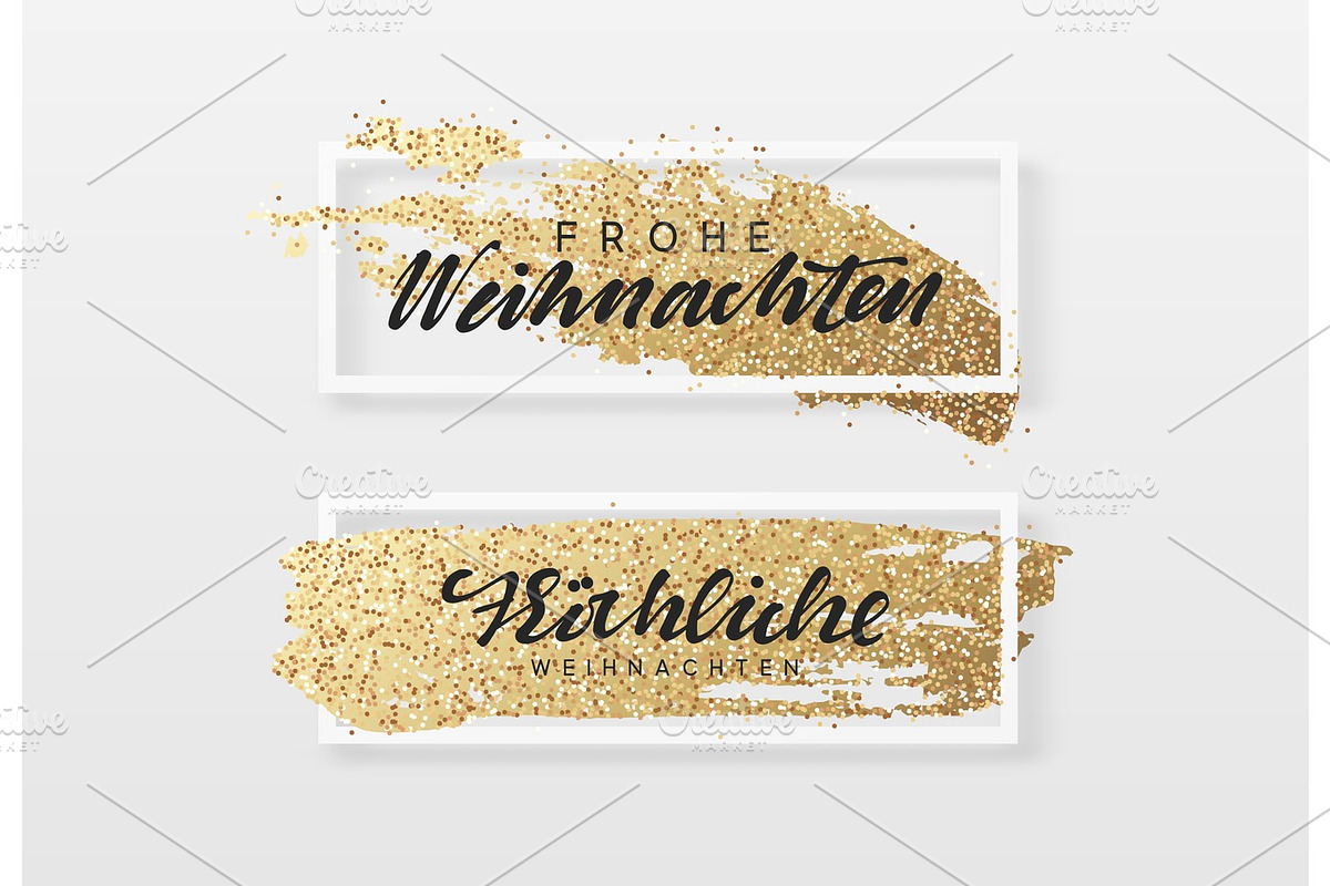 Frohe Weihnachten. Christmas background, design a smear of gold brush in frame. in Illustrations - product preview 8