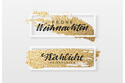Frohe Weihnachten. Christmas background, design a smear of gold brush in frame.