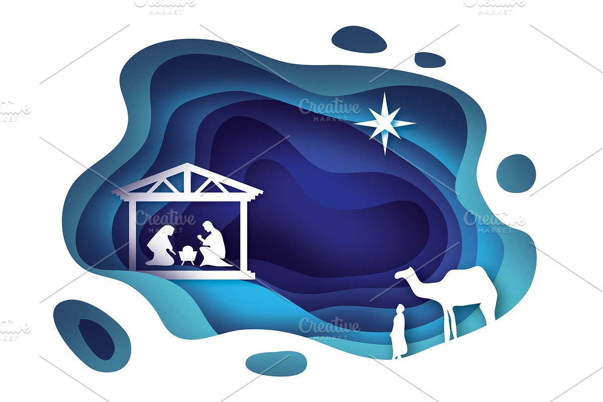 Birth of Christ. Baby Jesus in the manger. Holy Family. Magi. Three wise kings and star of Bethlehem - east comet. Nativity Christmas graphics design in paper cut style. Vector in Illustrations - product preview 8