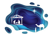 Birth of Christ. Baby Jesus in the manger. Holy Family. Magi. Three wise kings and star of Bethlehem - east comet. Nativity Christmas graphics design in paper cut style. Vector