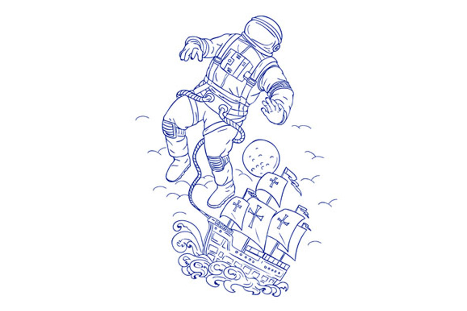 Astronaut Tethered Caravel Ship in Illustrations - product preview 8