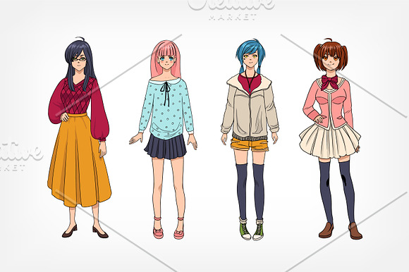 Set of cute anime characters avatar in Illustrations - product preview 1