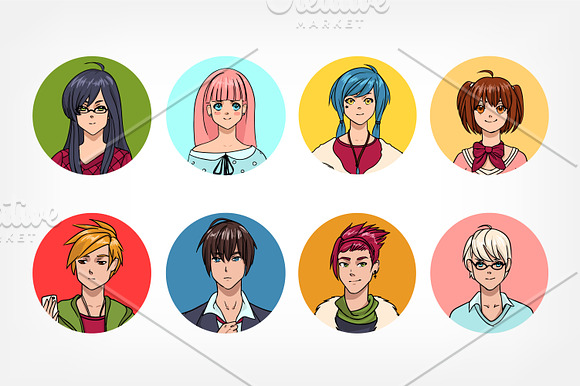 Set of cute anime characters avatar in Illustrations - product preview 3