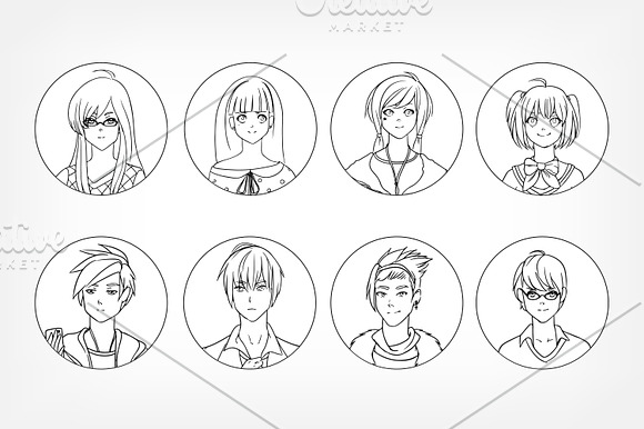 Set of cute anime characters avatar in Illustrations - product preview 4