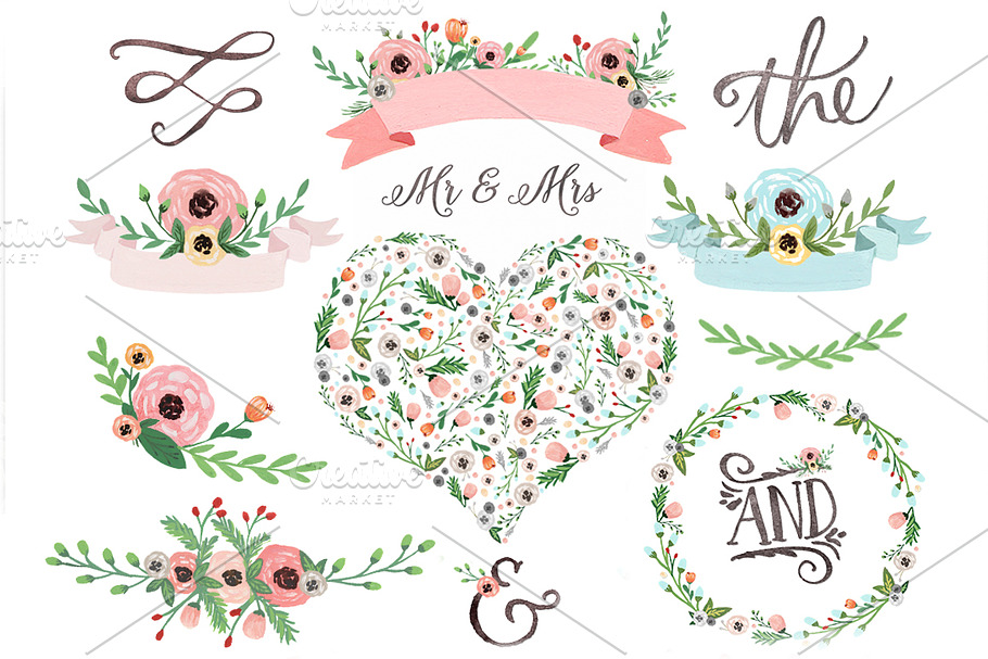 Pastel watercolor floral clipart in Illustrations - product preview 8