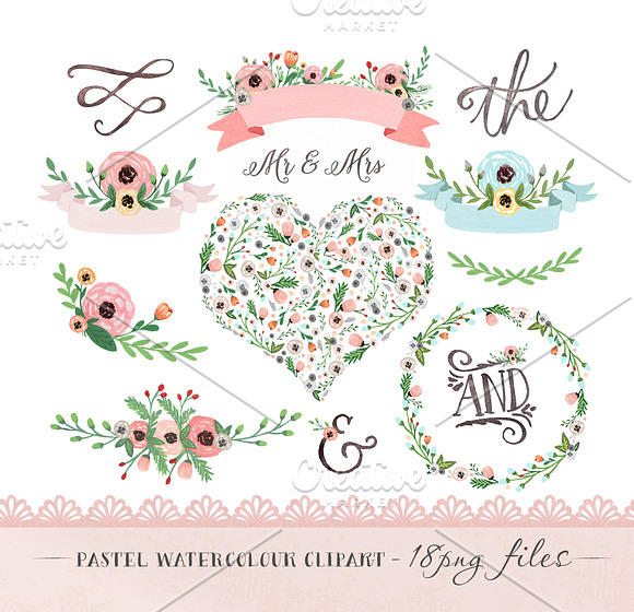 Pastel watercolor floral clipart in Illustrations - product preview 1