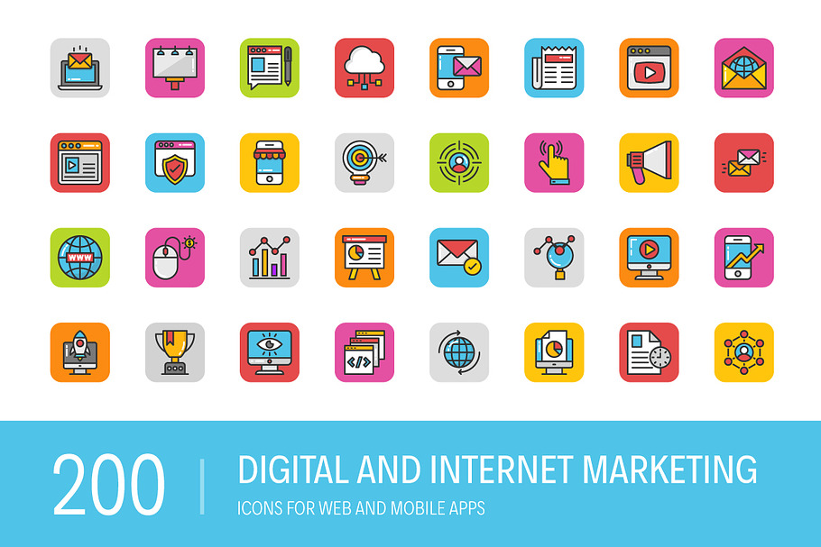 200 Digital Internet Marketing Icons in Icons - product preview 8