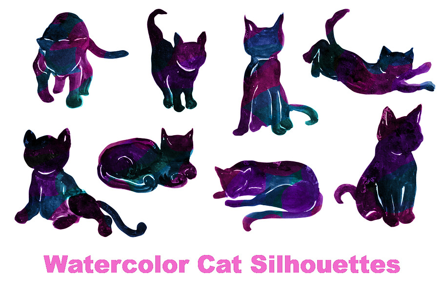 Watercolor Cat Silhouettes Clipart