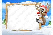 Santa Hat Reindeer Christmas Scene Sign Background