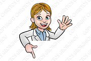 Cartoon Scientist Character Pointing at Sign