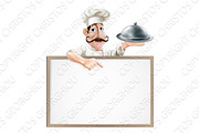 Chef with platter pointing at sign