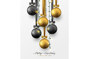 Traditional christmas decoration, hanging on ribbon xmas balls in gold and black colors and christmas lights garland