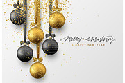 Christmas greeting card, design of xmas balls with golden glitter confetti