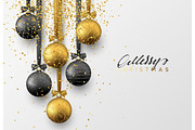 Christmas greeting card, design of xmas balls with golden glitter confetti