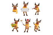 Set of cute cartoon Christmas reindeer characters