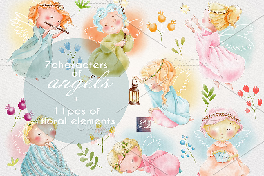 Angels Cute set, Watercolor Clipart in Illustrations - product preview 8