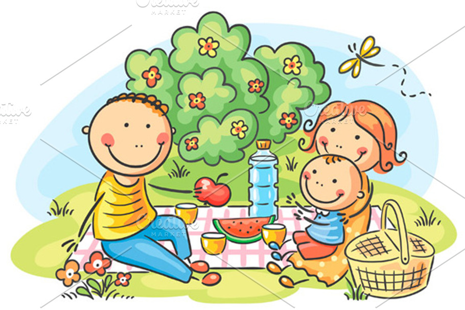 Cartoon family having picnic outdoor